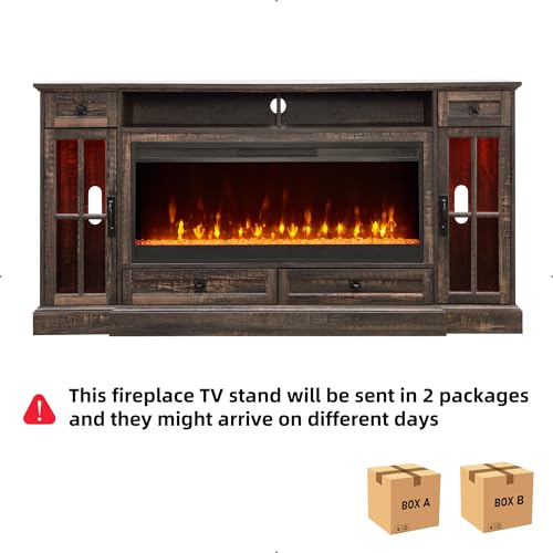 RedLemon Farmhouse Fireplace TV Stand for 80 Inch TV, 36" Tall Entertainment Center with 42" Crystal Eletric Fireplace, Modern Media Console Table with LED Lights for Living Room, Dark Rustic Oak - color: Dark Rustic Oak