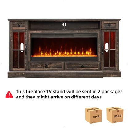 RedLemon Farmhouse Fireplace TV Stand for 80 Inch TV, 36" Tall Entertainment Center with 42" Crystal Eletric Fireplace, Modern Media Console Table with LED Lights for Living Room, Dark Rustic Oak - color: Dark Rustic Oak