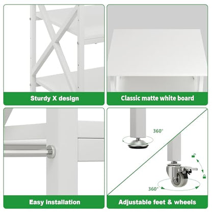 3 Tier Printer Stand, Large Table with Wheels, Rolling Cart with Height Adjustable Middle Storage Shelf, 23.6 x 23.6 x 30.3 Inches Shelf for Home Office, White - color: White