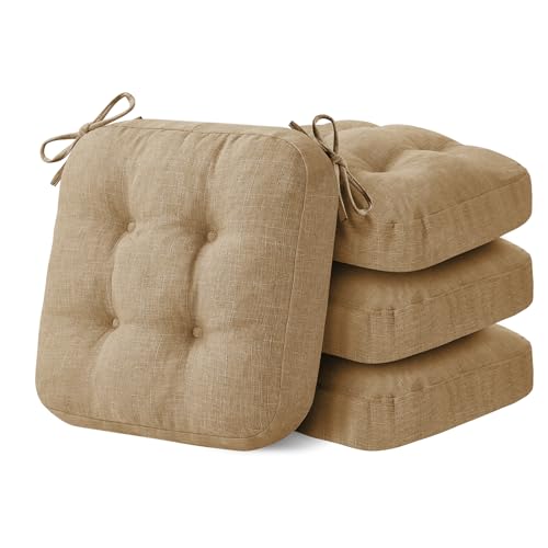 IASEAHK Chair Cushions for Dining Chairs, Dining Chair Cushions, Tufted Indoor Chair Pads with Ties & Non Slip Backing, Seat Cushions for Kitchen Chairs 16.5” x 16.5” x 3.5”, Set of 4, Khaki - color: Khaki, size: Pack of 4