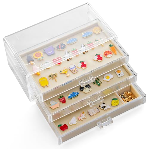 SPAKOWN Pin Display Case With 3 Drawers, Enamel Pin Display Box Dustproof Pin Collection Display Holder Pin Organizer for Collectors (Beige) - color: Beige, size: 3 Drawers
