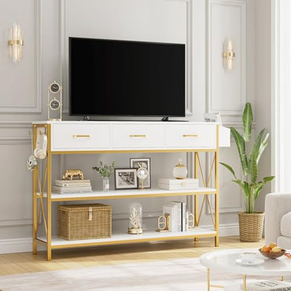 HITHOS 47.2" Console Table with 3 Drawers, Narrow Long Entryway Table with 3-Tier Storage Shelves, Industrial Sofa Foyer Table for Living Room, Hallway, Entry Way, Foyer, Kitchen, White/Gold - size: 47.2"