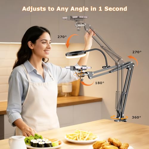 Overhead Camera Mount with Ring Light, Flexible Articulating Phone Arm Stand Compatible with iPhone, Logitech Webcam, Desk Tripod for YouTube Live Stream Cooking Nail Video Recording