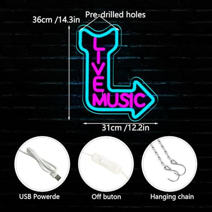 Live Music Neon Signs, LED Neon Light for Wall Decor,Neon Sign for Music Studio Light up Sign for Wall Art Beer,Bar,Music Studio,Bedroom,Party,Club - style: live music