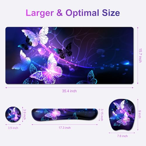 Large Mouse Pad with Wrist Support 4in1 Set, XXL Game Mousepad + Keyboard Wrist Rest+Mouse Wrist Rest+Coaster with Ergonomic Design Gaming Mat for Home Office Table Computer I Purple Butterfly - color: Purple Butterfly