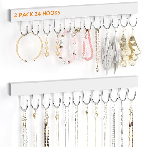 Jewelry Organizer Wall Mounted 2 Pack, Wooden Necklace Holder Wall Hanger with 24 Hooks for Hanging Necklaces and Jewelry Storage, White - color: White