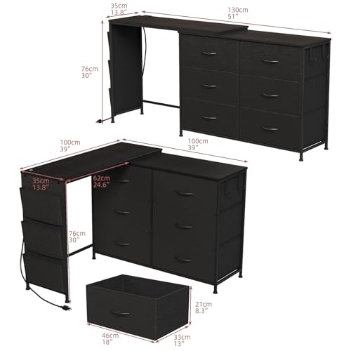 Simoretus Modern Corner Vanity Desk with 6 Fabric Drawers Power Outlet Side Pocket L Shaped Drawers Makeup Desk Dressing Table for Girls Women Bedroom (Black) - color: Black