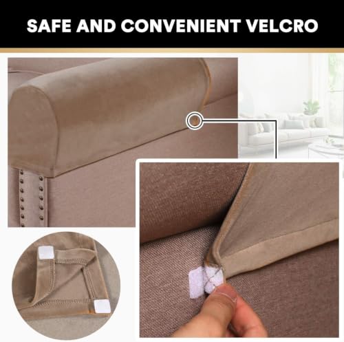 PrinceDeco 4 Pack Thick Velvet Stretch Armrest Covers for Chairs and Sofas Armchair Cover for Arms Couch Arm Cover Armrest Covers for Sofa Non Slip, Camel - color: Camel