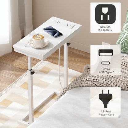 TUTOTAK End Table with Charging Station, Side Table, Tall Couch Table, Sofa Table, Living Room, Bedroom,White TB01BW084 - color: White, size: 1 Pack, style: With Plug