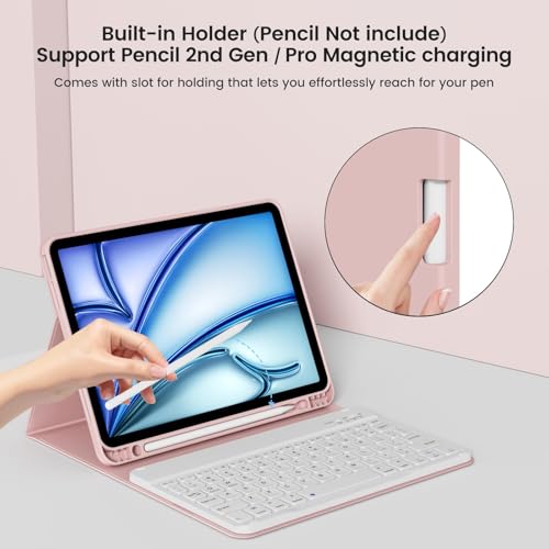 Case with Keyboard for iPad Air 11 Inch M4/M3/M2, Pink | for iPad Air 5th/4th Generation 10.9 Inch, Magnetic Detachable Bluetooth Keyboard Cover with Pencil Holder, Auto Sleep/Wake - color: Pink