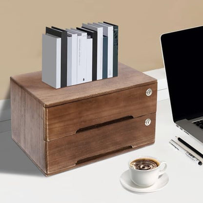 Wooden Desk Organizer with Drawers & Lock, Desktop Countertop Storage Cabinet Lockable Home Office Supplies File Tabletop Organizing Unit (2 Drawer - Retro Walnut) - style: 2 Drawer - Retro Walnut