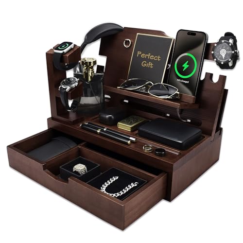 Nightstand Organizer for Men with Large Drawer, Wood Phone Docking Station for Phone, Apple Watch, Wallet & Keys, Ideal Birthday Gift for Father Husband, Bedside Desk Organizer (Espresso) - color: Espresso