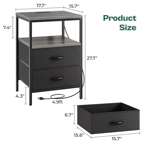 Huuger Night Stand with Charger Station, 27.7 Inch Tall Nightstand, Bed Side Table with 2 Fabric Drawers, Fabric Drawer Dresser for Bedroom, Living Room, Grey - color: Charcoal Gray and Black, size: 11.8"d X 17.7"w X 27.7"h (2 Drawers)