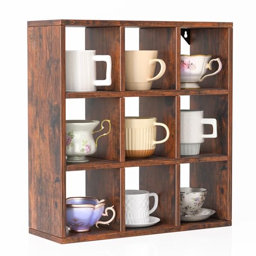 Helsin 9 Grid Vintage Coffee Mug Display Rack, 16inch Wall Mounted Wooden Curio Shadow Box Shelf, Cup Floating Shelves Display and Organizer (Bronze) - color: Bronze