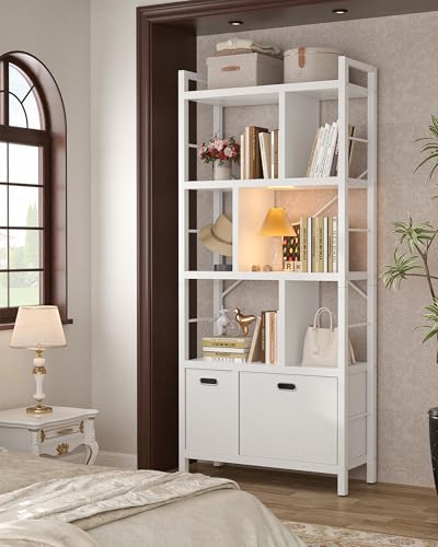 Armocity Bookshelf with Drawers - 5 Tier Tall Bookcase Geometric Modern Book Shelf Display Standing Bookshelves with Storage for Living Room, Bedroom Home Office, White - color: White