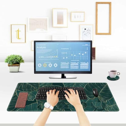 ToLuLu Extended Gaming Mouse Pad, Memory Foam Ergonomic Keyboard Mouse Wrist Rest Support Set, Large Desk Mat with Stitched Edges, Non-Slip Base Mousepad for Home Office Game, Green Golden Leaves - color: Green Golden Leaves