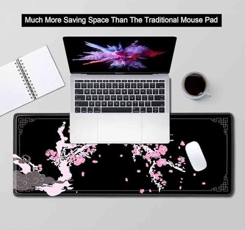 Japanese Pink Cherry Blossom Desk Pad, Black Long Mouse Pad Deskmat, Cute Desk Mat for Desktop, Women Computer Laptop Protector Writing Pads for School Office, 31.5 X 11.8 in- Sakura Flowers - color: Cherry Blossom Art