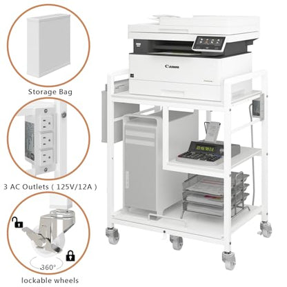 Sedegn Large Printer Stand with Wheels: Lockable Rolling Printer Cart | 24 x 18 Inch Top Fits Laser Printers Shredders and PC Towers 3-Outlet Power Strip and Storage Bag for Home Office (White) - color: Matte White