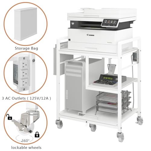 Sedegn Large Printer Stand with Wheels: Lockable Rolling Printer Cart | 24 x 18 Inch Top Fits Laser Printers Shredders and PC Towers 3-Outlet Power Strip and Storage Bag for Home Office (White) - color: Matte White