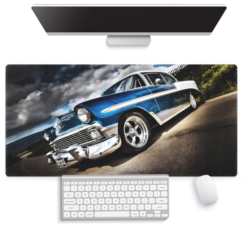 Large Gaming Mouse Pad (31.5" x 15.8") - Elegant Blue Classic Car Journeying on a Peaceful Road, Extra XXL Office Accessories, Premium Stitched Anti-Slip Office Desk Mat - color: Retro Old Car