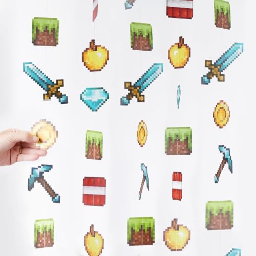 Cheerland Pixel Party Birthday Decorations Gaming Themed Wall Banner Hanging Miner Garland Streamers Photo Backdrop Room Decor Block Mine Cube Craft Ceiling Theme Bedroom Decoration Supplies NO DIY