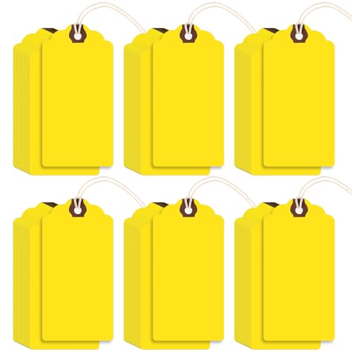 Outus 60 Pcs 4 3/4-in x 2 3/8-in Blank Large Paper Gift Tags with String and Reinforced Eyelet Wire Writable Price Tags Shipping Labels Inventory Labels(Yellow) - color: Yellow, size: Solid Style