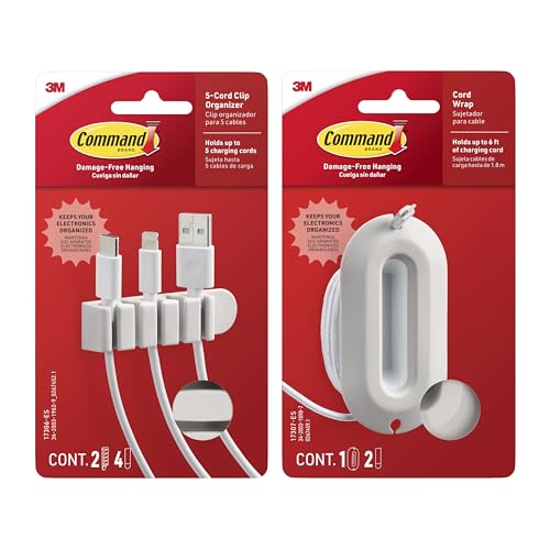 Command 5-Cord Clip Organizer and Wrap Bundle, 2 Clips, 1 Wrap and 6 Medium Strips, White, Great for Damage-Free Electronics Organization Under Desk or Wall Mount - color: White
