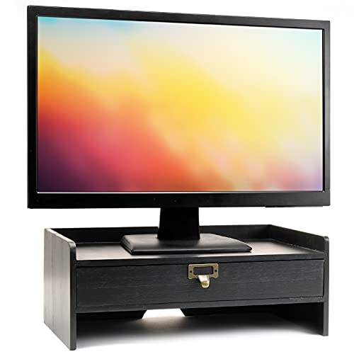 EXCELLO GLOBAL PRODUCTS Wooden Monitor Stand: Includes Drawer for Desktop Organization of Notebooks, Pens, Pencils & Office Supplies (Black) - color: Black