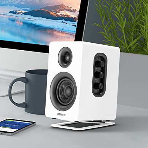 Sanyun SW601 15° Tilted Desk Speaker Stands for Compact 2''-3'' Computer PC Bookshelf Monitor Speakers, Steel Metal Base & Damping Foam Padding (Pair, White) - color: White