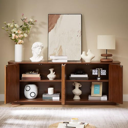 64" Modern TV Stand Sideboard Storage Cabinet, Wooden Curved TV Console with Sliding Doors, Wave Pattern Buffet Cabinet Wooden Vertical Striped Table for Kitchen/Bedroom/Entryway (Walnut) - color: Walnut