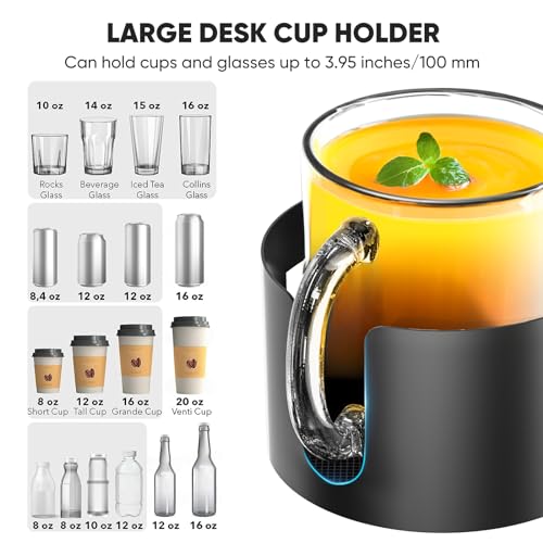 Upgraded Large Desk Cup Holder Clamp, OOKUU Anti-Spill Table Cup Holder, Metal Office & PC Gaming Desk Accessories, Compatible with Universal Cup, Bottles, Pencil Holder (Black) - color: Black, size: 1 Pack, 3.95 inch