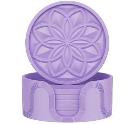 HFHOME Silicone Coasters Set for Drinks - 6 Pack With Holder, Table Cup Mat for Coffee Table, Desk, Bar - Tabletop Protection Gift - Light Purple - color: Light Purple