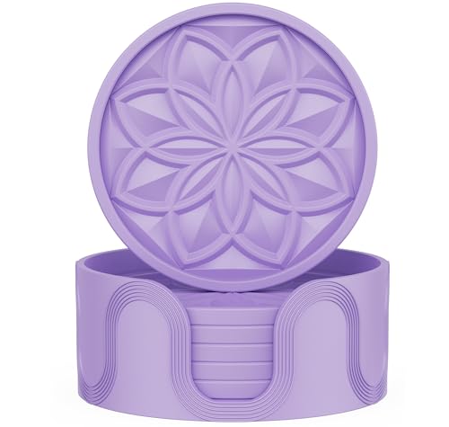 HFHOME Silicone Coasters Set for Drinks - 6 Pack With Holder, Table Cup Mat for Coffee Table, Desk, Bar - Tabletop Protection Gift - Light Purple - color: Light Purple
