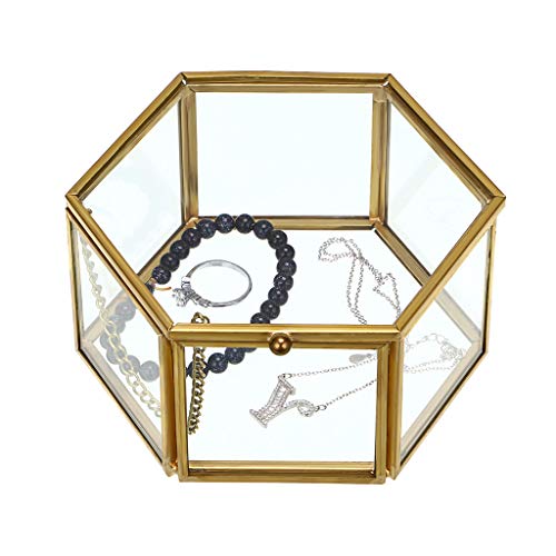 Hipiwe Vintage Glass Jewelry Box - Golden Hexagonal Jewelry Display Organizer Keepsake Box Home Decorative Box Case for Storage Trinket Ring Earring Chest - color: Gold, size: Medium