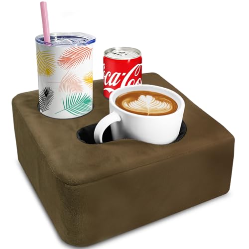 Couch Cup Holder Pillow Tray & Caddy - for Sofa, Bed, Car, Man Cave | Keep Drinks at Hand & Spill-Proof Accessories for New Parents, Camping, Park, Boat, Beach - Brown - color: Dark Brown, size: 9.4" x 9.4" x 3.9"
