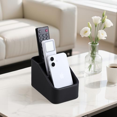 PU Leather Remote Control Holder, Small Desk Organizer Office Supply Bedside Caddy for Nightstand End Table Couch, Pen Remote Organizer with 3 Compartments (Black) - color: Black