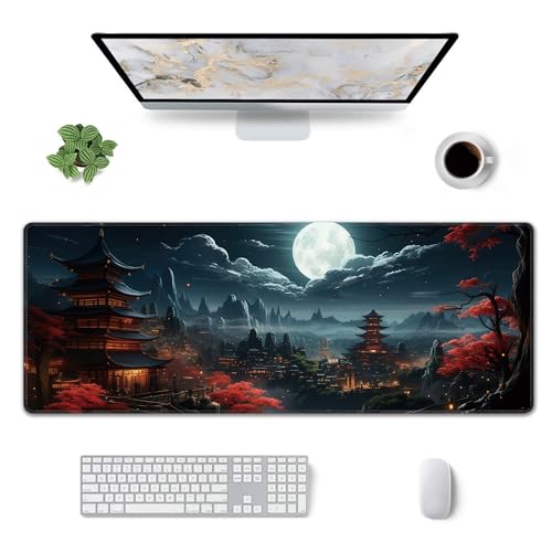Japanese Full Moon Large Mouse Pad,Gaming Keyboard Desk Pad,Extended Mouse Mat Non-Slip Rubber Base with Stitched Edges for Office Game Home XL 31.5"x11.8" - color: Japanese Moon, size: 31.5L x 11.8W inches