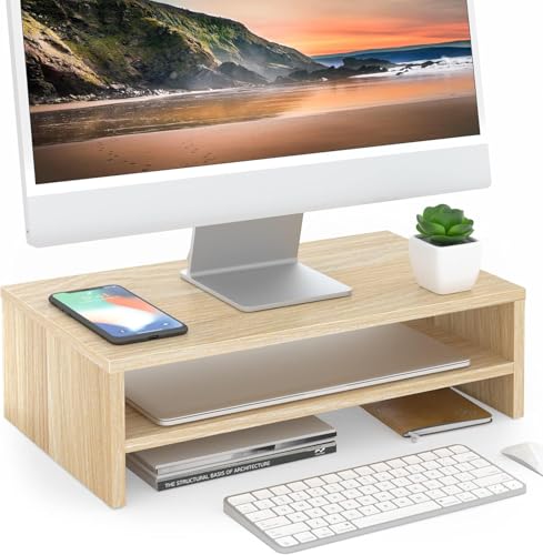FITUEYES Monitor Stand - 2 Tier Computer Monitor Riser Shelf, Wood Desktop Stand for Laptop Computer Screen, Desk Organization, Office Supplies - color: Oak, size: 16.7“