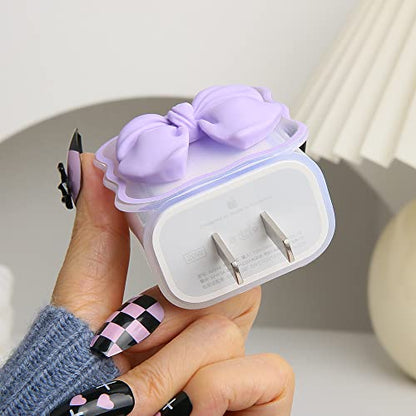 Compatible with iPhone 18W/20W USB-C Charger Cover Cute 3D Bow Tie Design Clear Soft Charger Protector Kawaii Cable Saver for iPhone 11 12 13 14 Pro Max Fast Power Adapter, Purple 2 (5in1) - color: Purple 2 (5 in 1)