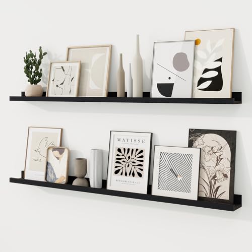 RICHFOCUS Picture Ledge Shelf, 48 inch Floating Shelves Set of 2, Wood Wall Shelves with Lip, Wall Decor Storage for Bedroom Living Room Bathroom Kitchen Nursery Photo Picture, Black - color: Black, size: 48 Inch, set of 2