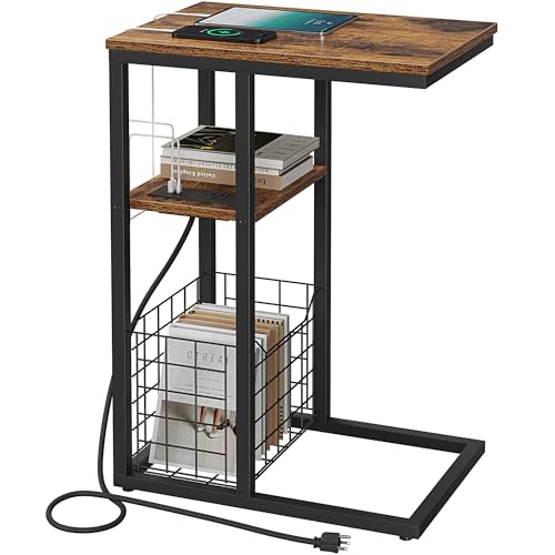 Vagusicc C Shaped End Table with Charging Station, Side Table for Couch, Small Side End Table for Small Spaces, 28" High Slide Under Sofa Table for Coffee, Tv Tray Table for Living Room, Rustic Brown - color: Rustic Brown