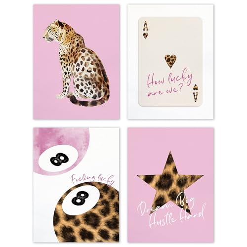 TLESKE Pink Preppy Cheetah Leopard Posters Prints Unframed 12x16 Set of 4, Trendy Lucky 8 Balls Wall Art Prints Decor for Teen Girls Dorm Bedroom Living Room, Retro Cheetah Print Wall Pictures - color: pink cheetah, size: 16L" x 12W"