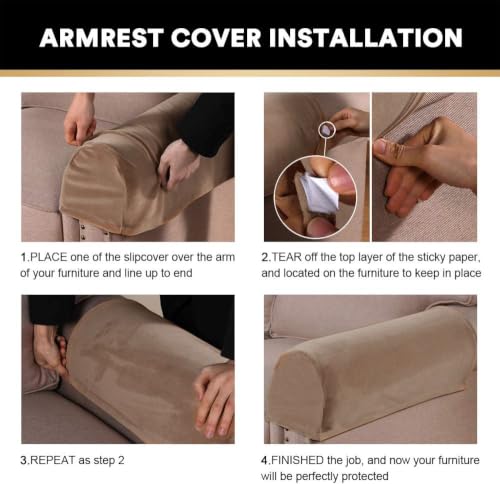 PrinceDeco 4 Pack Thick Velvet Stretch Armrest Covers for Chairs and Sofas Armchair Cover for Arms Couch Arm Cover Armrest Covers for Sofa Non Slip, Camel - color: Camel