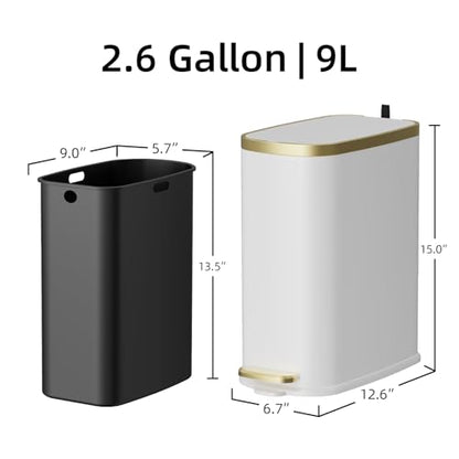 KUK Small Bathroom Trash Can with Lid Soft Close, Step Pedal, 2.6 Gal Stainless Steel Garbage Can with Removable Inner Bucket, Anti-Fingerprint Wastebasket for Office, Bedroom, Toilet (White) - color: Matt White-J-P