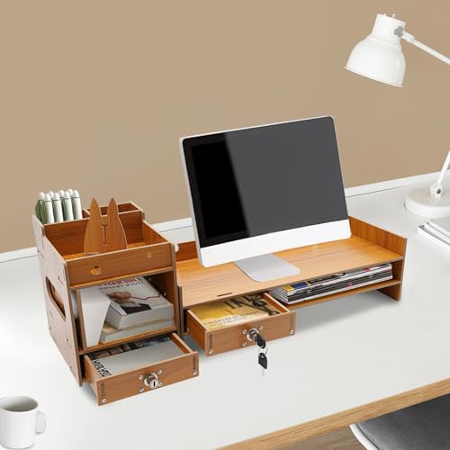 Computer Monitor Stand, Computer Rack with Drawers, Two top Platforms Desk Organizer Monitor Stand with Extra Large Storage Desktop Computer Stand for PC, Laptop, Printer, Screen, TV (07) - size: 07