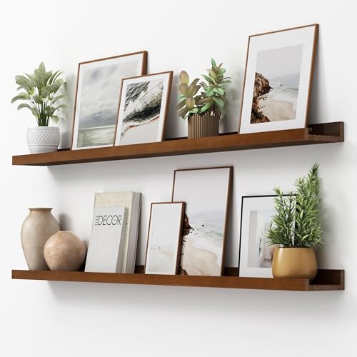 FLYJOE Picture Ledge Shelf, Floating Shelves Set of 2, Solid Pine Wood 55'' Long Large Nursery Book Shelves for Toys Storage, Kids Bookshelf for Living Room Bedroom Decor Books Photo Frames, Walnut - color: Walnut, size: 56'', set of 2