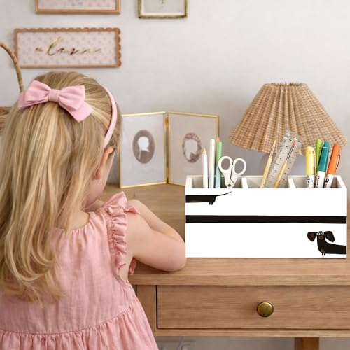Dachshund Dog Wooden Desk Organizer 3 Compartments | Cute sausage dog design; 3-compartment wooden holder for pens, pencils, and office supplies, great dog lover gift. - color: Dachshund Dog