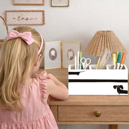 Dachshund Dog Wooden Desk Organizer 3 Compartments | Cute sausage dog design; 3-compartment wooden holder for pens, pencils, and office supplies, great dog lover gift. - color: Dachshund Dog