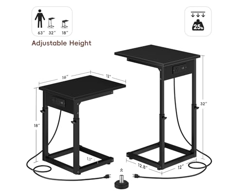 Vagusicc C Shaped End Table with Charging Station, 33"Tall C-Table End Table Adjustable Height Side Table for Couch, Couch Table That Slide Under Sofa Table TV Tray Table for Living Room,Bedroom,Black - color: Black, style: Charging Station