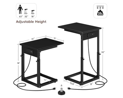 Vagusicc C Shaped End Table with Charging Station, 33"Tall C-Table End Table Adjustable Height Side Table for Couch, Couch Table That Slide Under Sofa Table TV Tray Table for Living Room,Bedroom,Black - color: Black, style: Charging Station